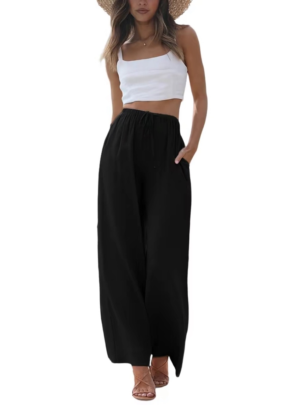 Cotton Linen High-Rise Black Wide-Leg Palazzo Pants with Drawstring
